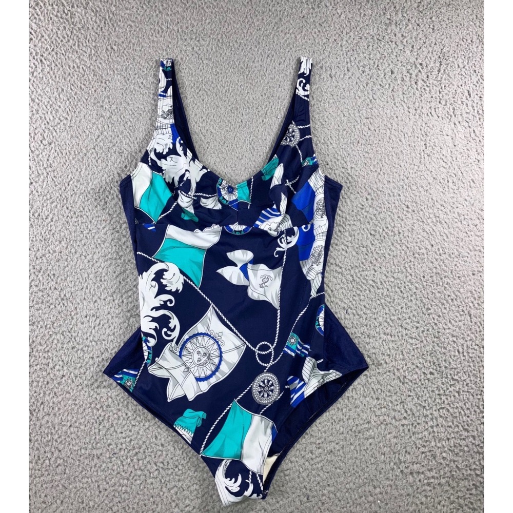 One Piece Swimsuit Women‎ 16 Navy Blue Baroque Print Nautical Coastal Vacation